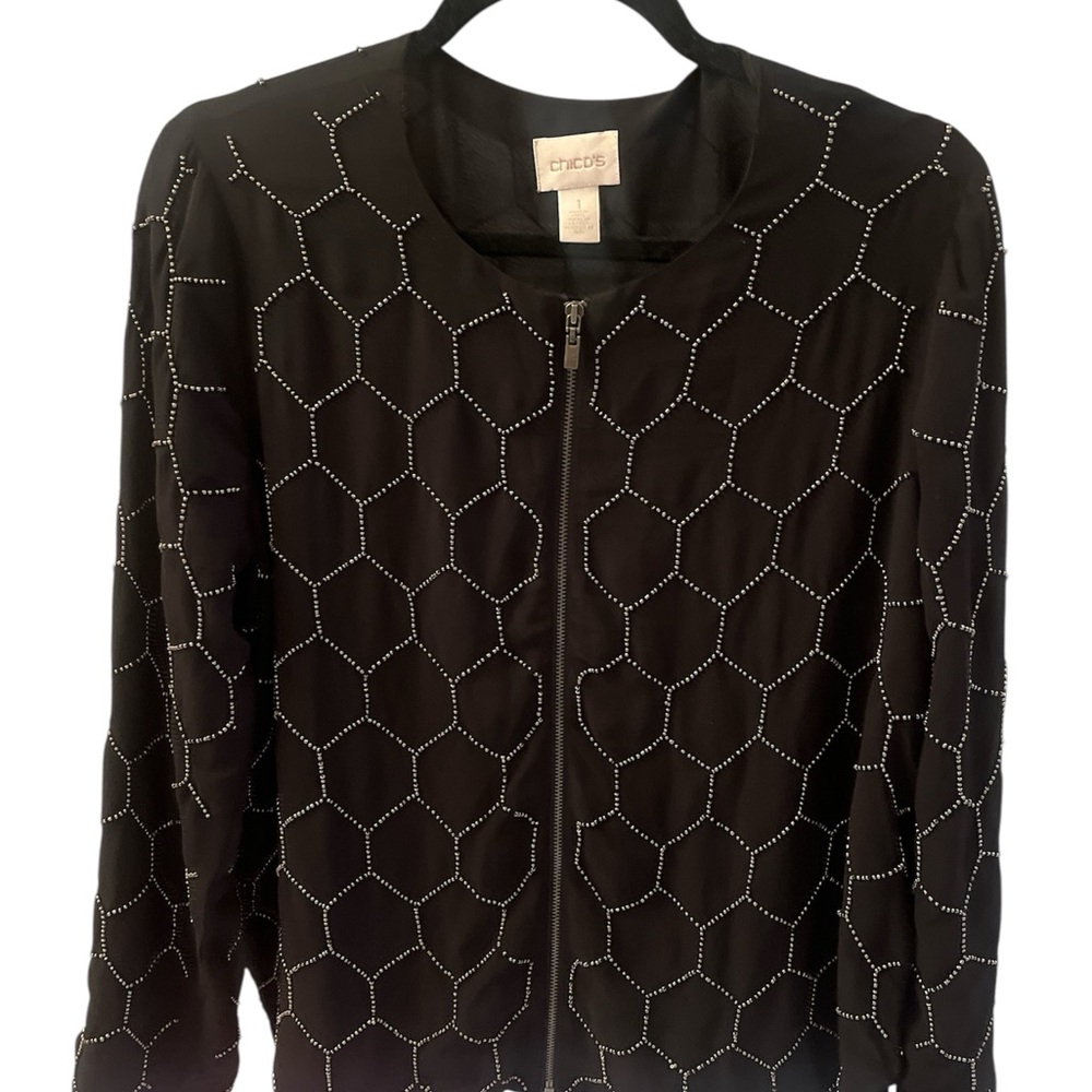 Chico's Black Bomber Jacket with Geometric Pattern